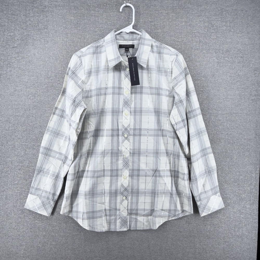 Banana Republic Dillon Shirt Women Medium White Gray Metallic Plaid Western NEW